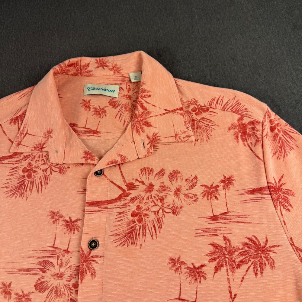 Caribbean Mens XL Tropical Palm Tree Floral Button Down‎ Shirt Coral Pink Modal
